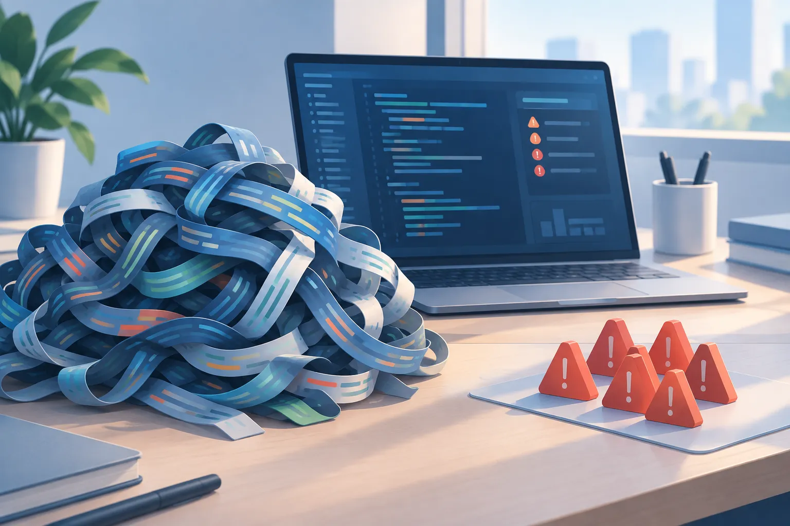 Tangled data strips beside sorted error markers on a neutral desktop during a local activity audit