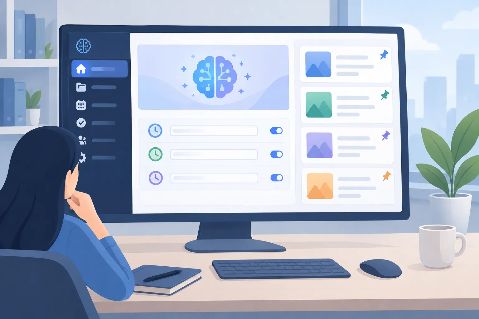 Desktop workspace with expanded navigation, recurring task controls, and pinned project cards