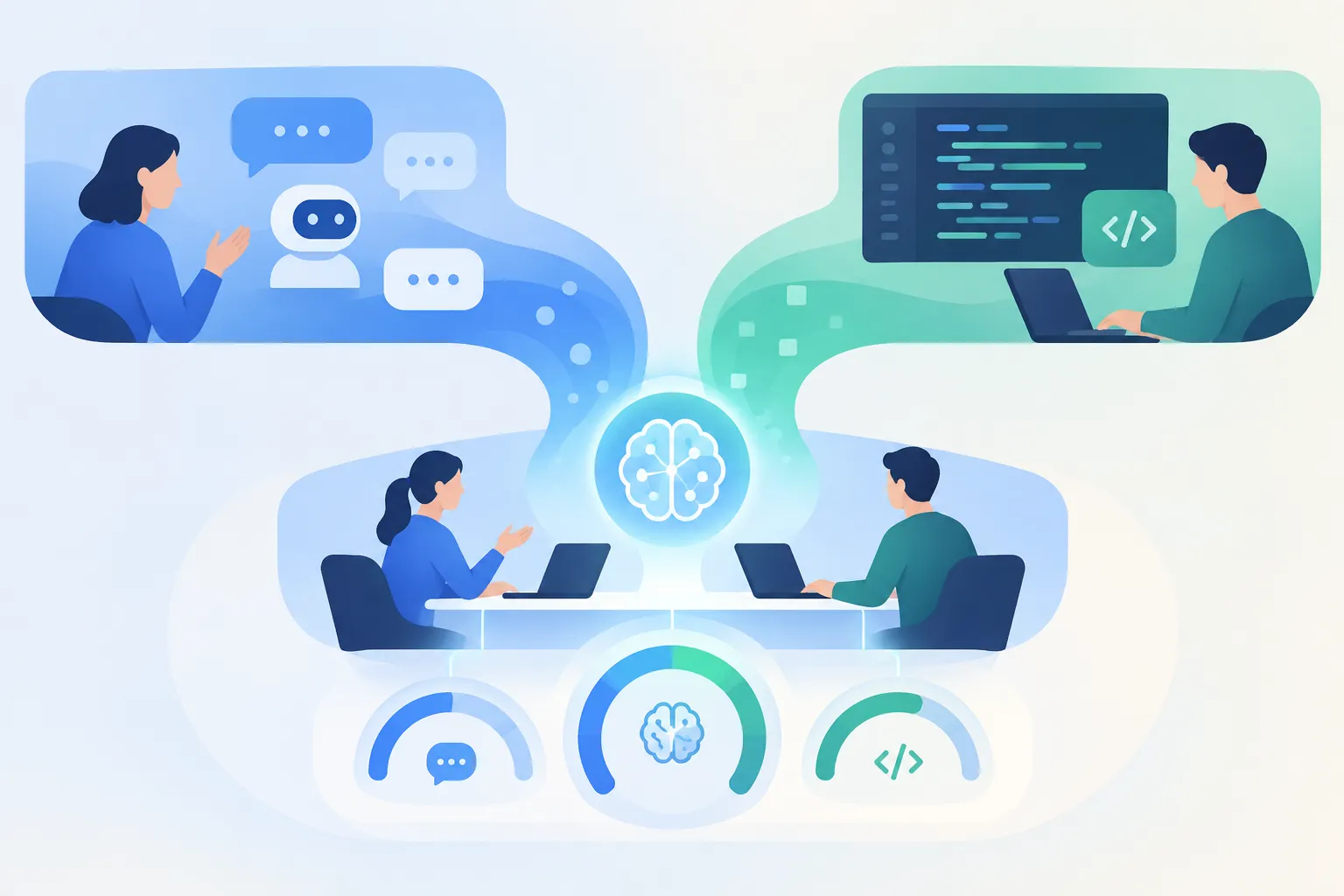 Conversation and coding paths approach a shared workspace beside separate and shared capacity gauges