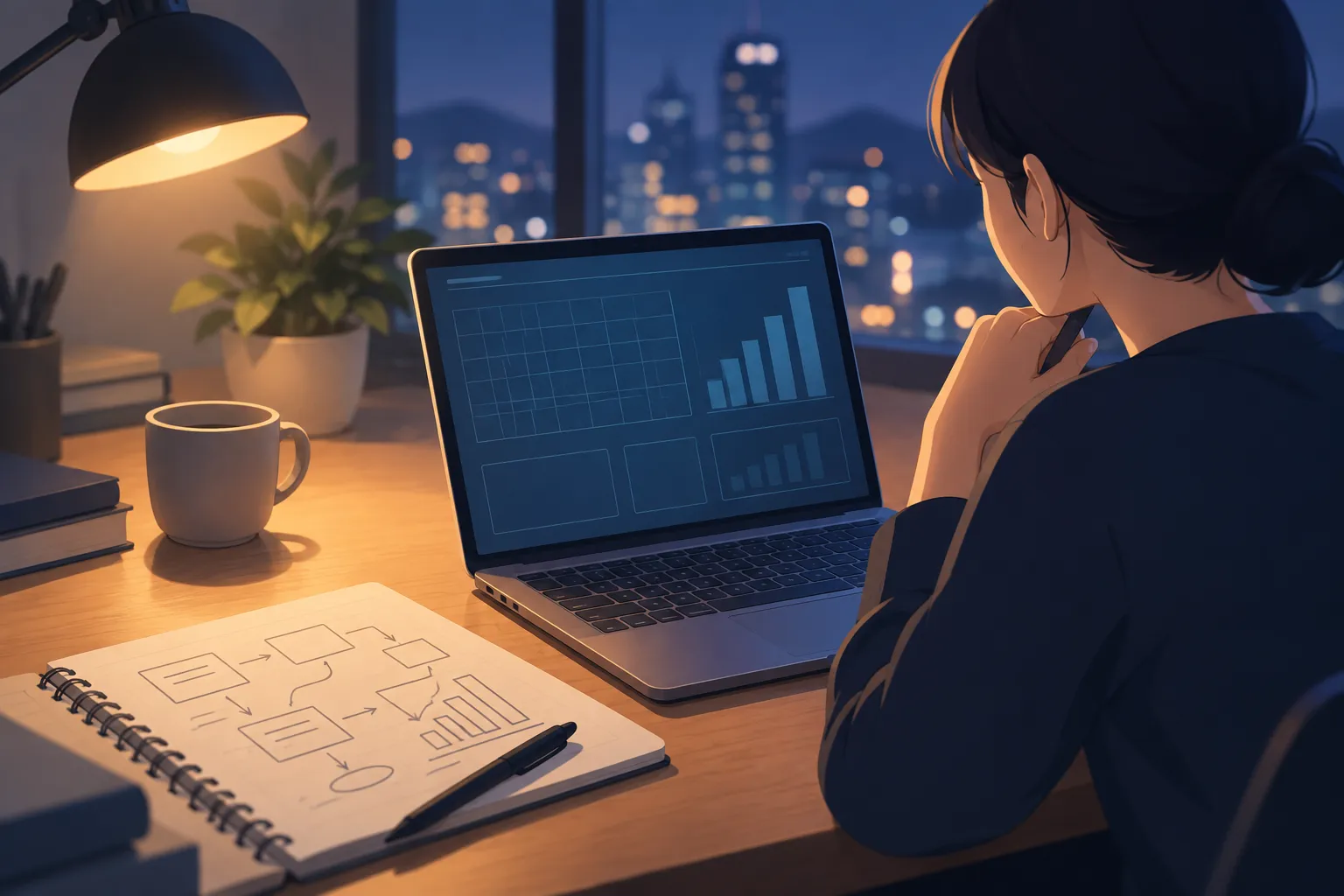 Open laptop with abstract grid and blank bars beside a notebook of boxes and arrows on a lamp-lit desk