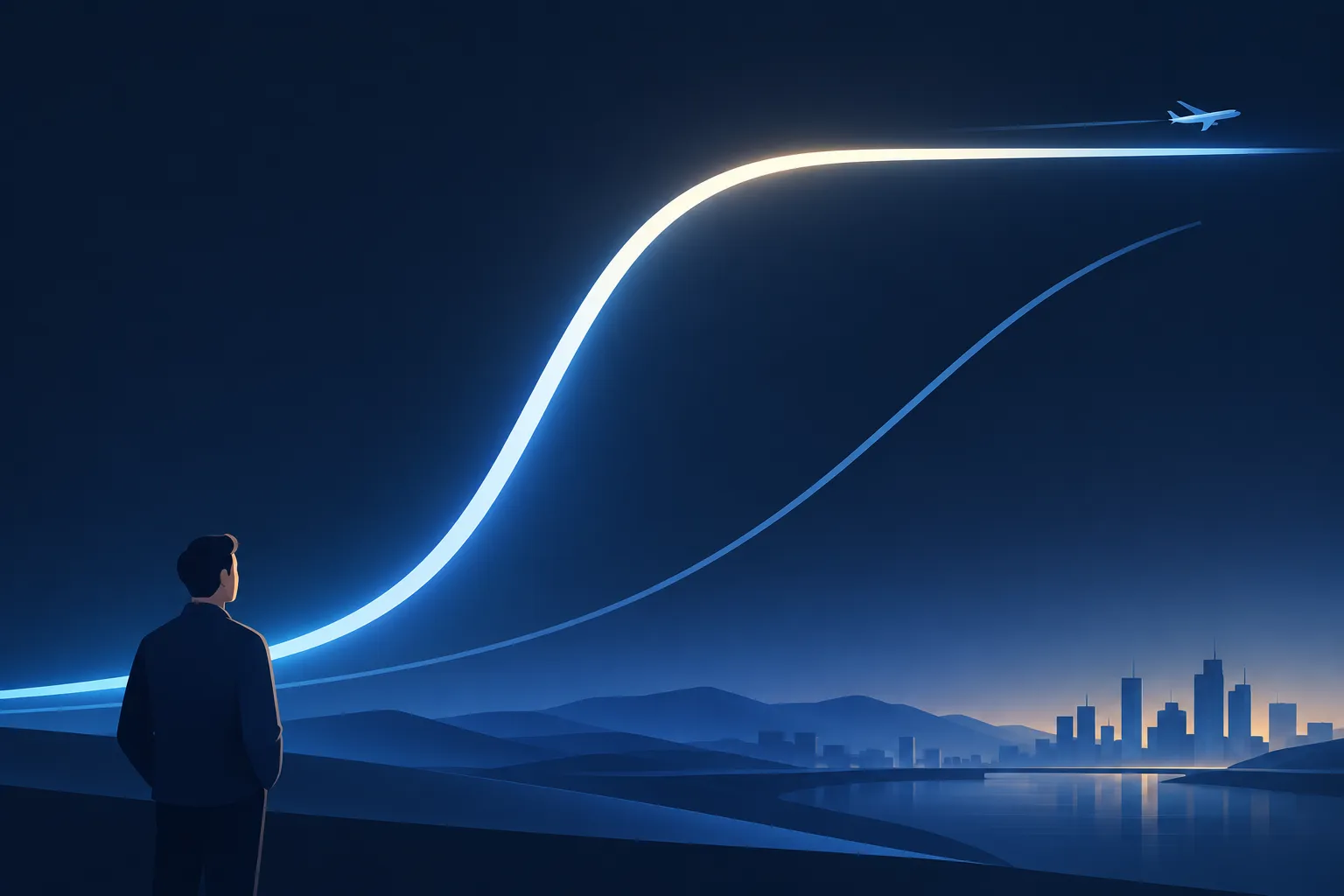 Glowing S-shaped curve flattening above an airplane silhouette, with a thinner rising curve behind it
