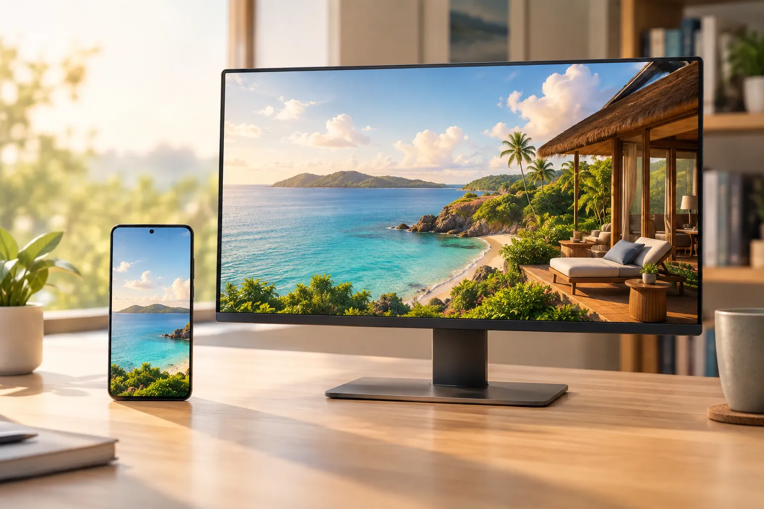 A vertical phone image and a wider monitor image depict the same tropical retreat in different aspect ratios.
