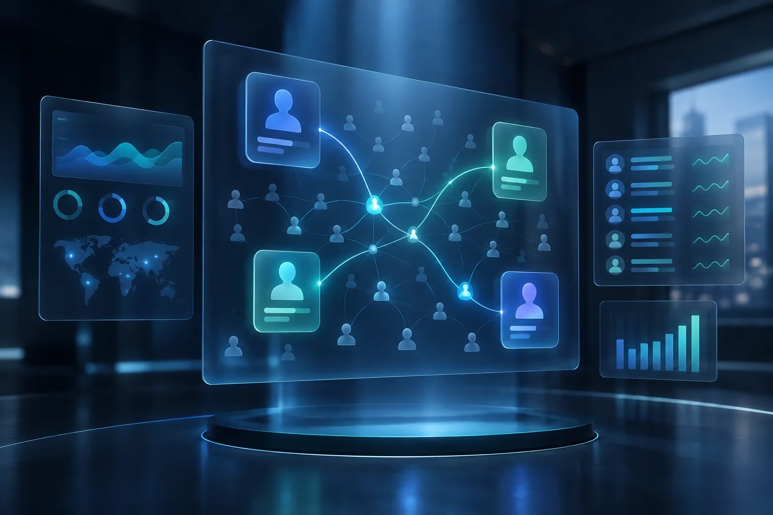 Translucent analytics panels link anonymous visitor nodes to highlighted profile cards in a dark room.