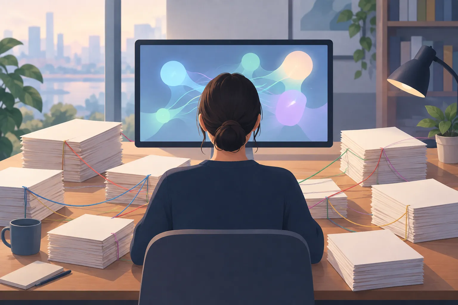 A writer seen from behind at a desk of manuscript pages, with colored threads connecting page clusters.