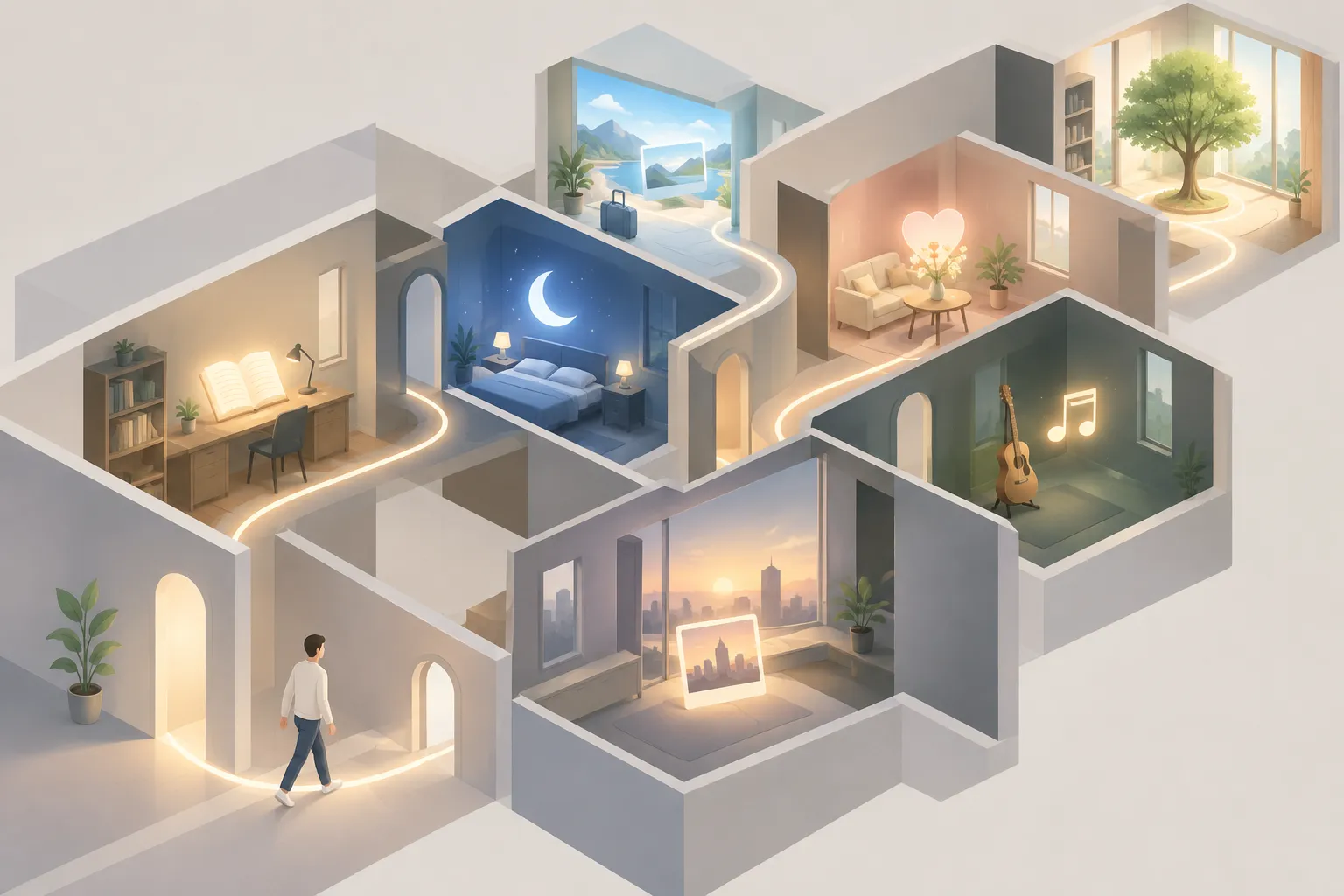 Empty rooms and corridors form a winding path marked by luminous objects that suggest stored memories.