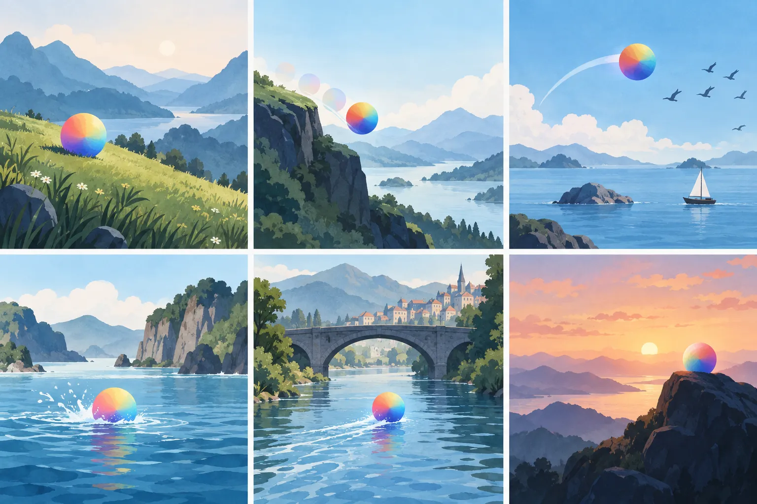 Animation frames of a bright ball crossing watercolor landscapes with a small boat and distant birds