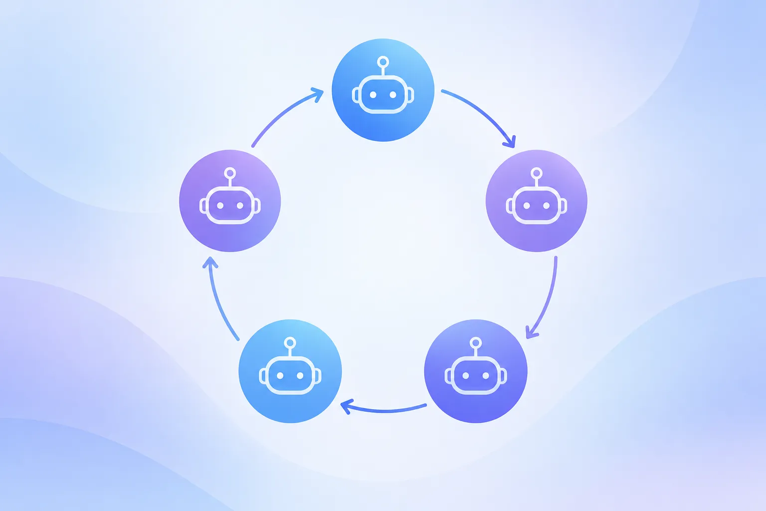 Five robot-marked nodes form a closed loop of curved arrows on a blue and violet background