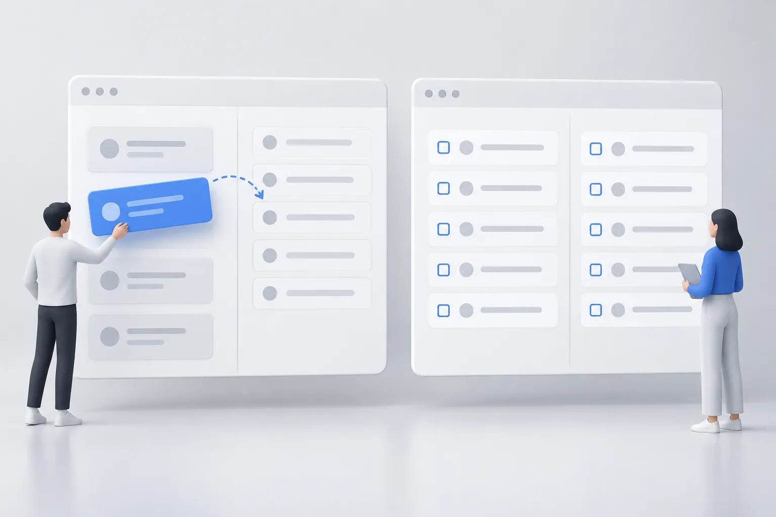 Two interface panels compare dragging a card toward a list with selecting matches in side-by-side columns