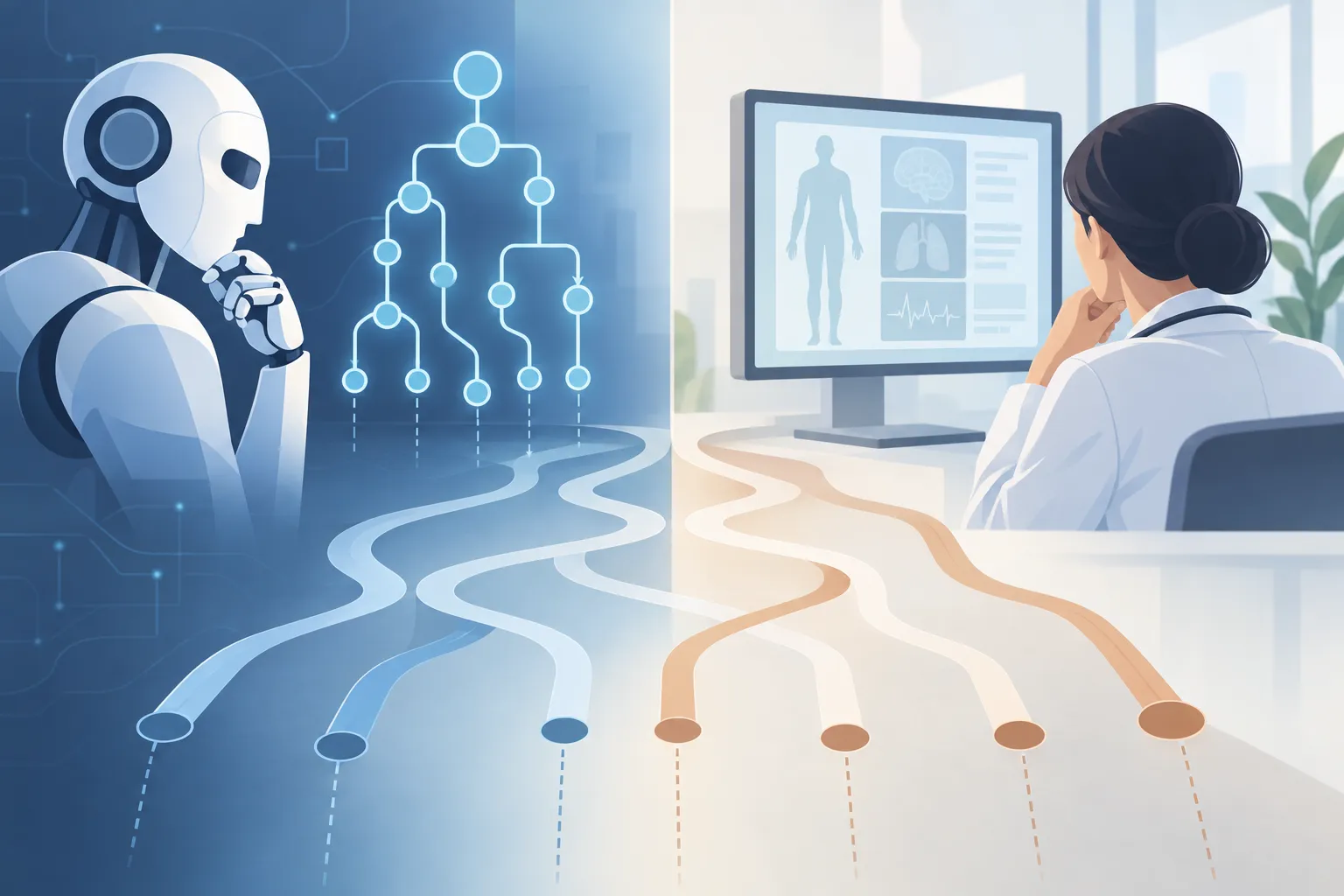 Split scene of abstract AI reasoning and an anonymous clinician at a blank display, with diverging paths