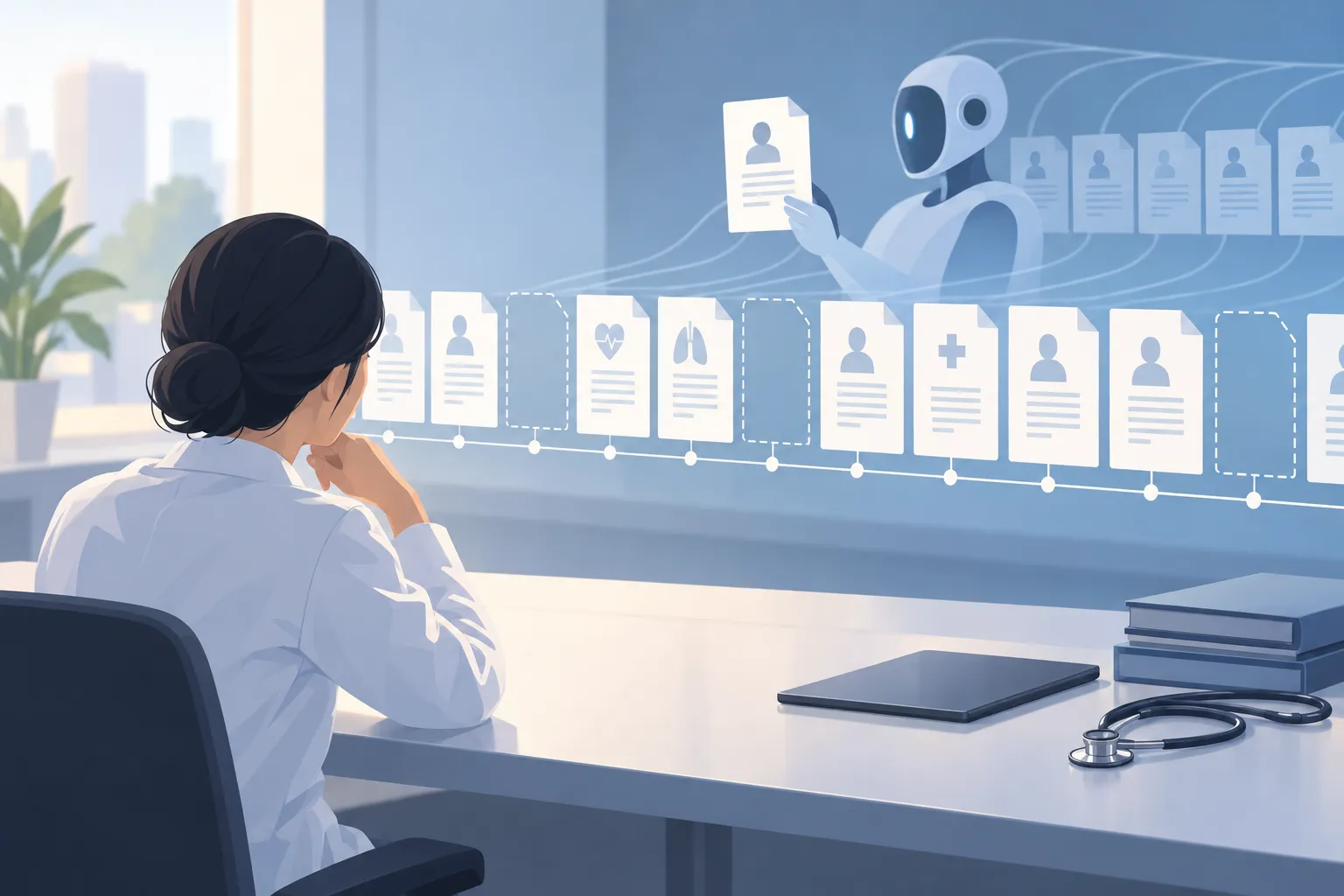 An anonymous clinician examines a long timeline of blank medical record sheets with gaps and repeated marks