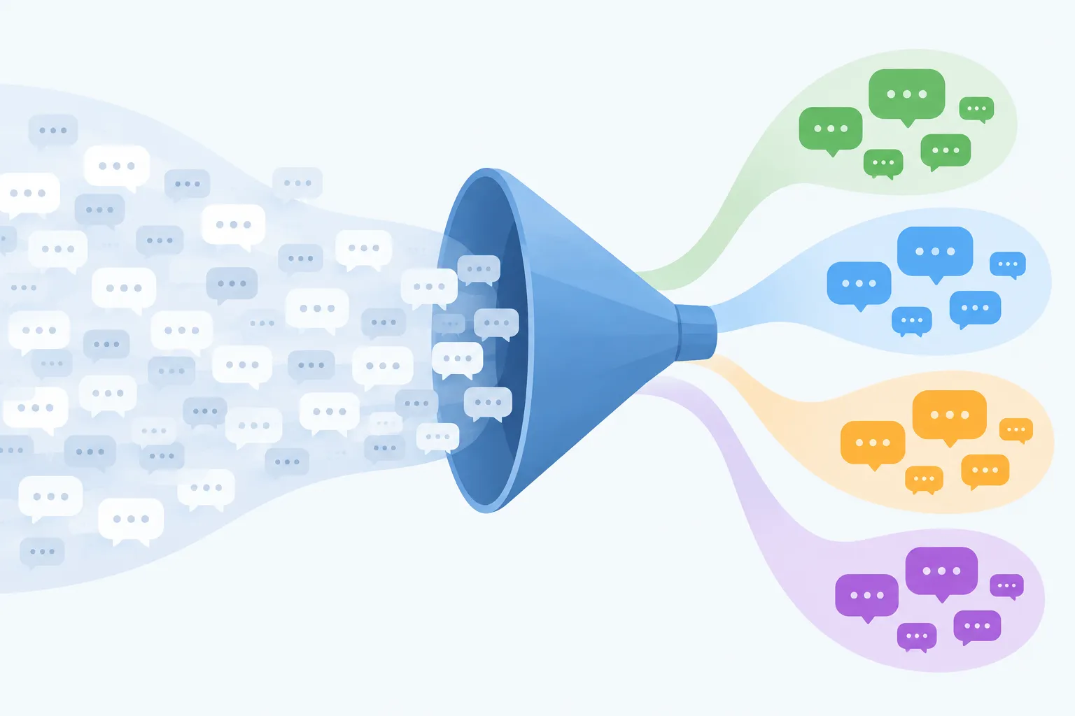Many blank message bubbles passing through a funnel into a few color-coded groups