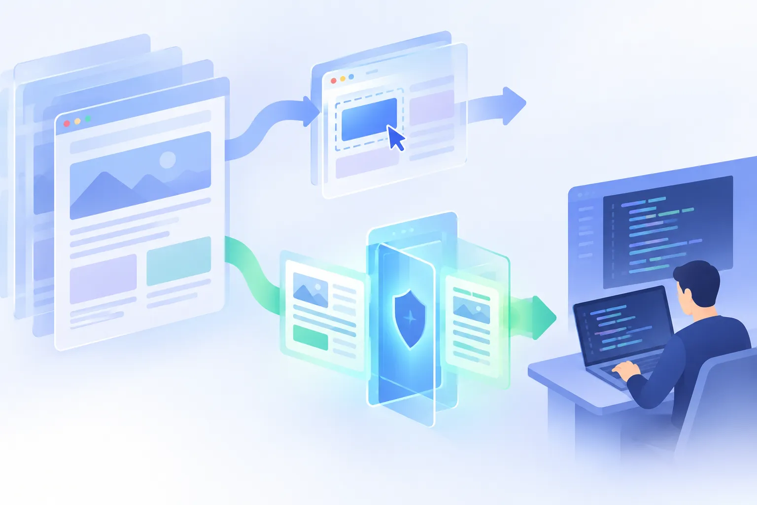 Layered browser blocks feeding an interface selector and a protective content gate near a coding workspace
