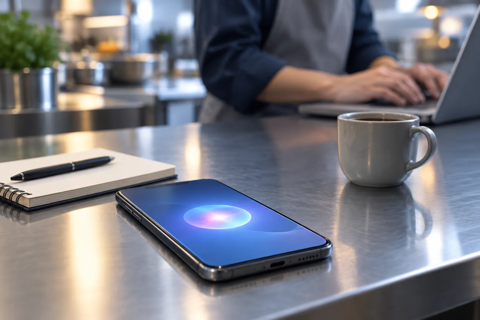 Smartphone on a kitchen prep counter beside a notebook and coffee cup, with a person typing behind it