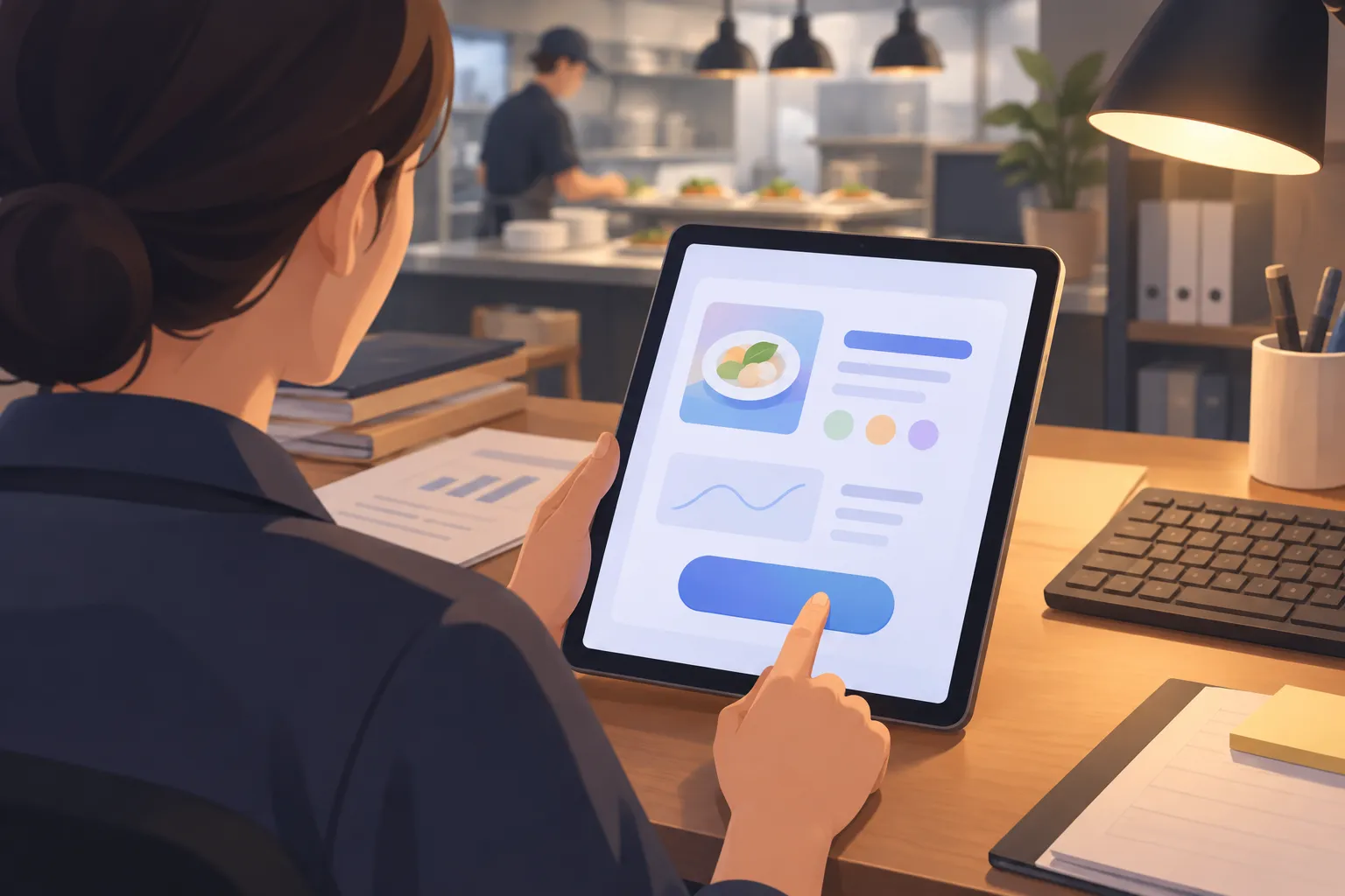 Restaurant worker reviewing a simple action card on a tablet, with a finger poised to tap