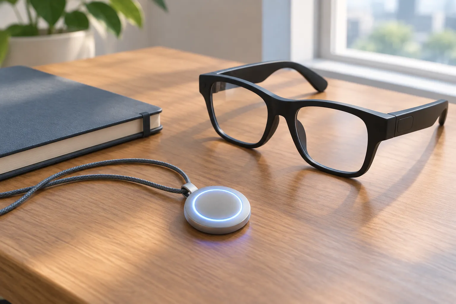 Small glowing circular pendant beside camera-free black smart glasses and a closed notebook