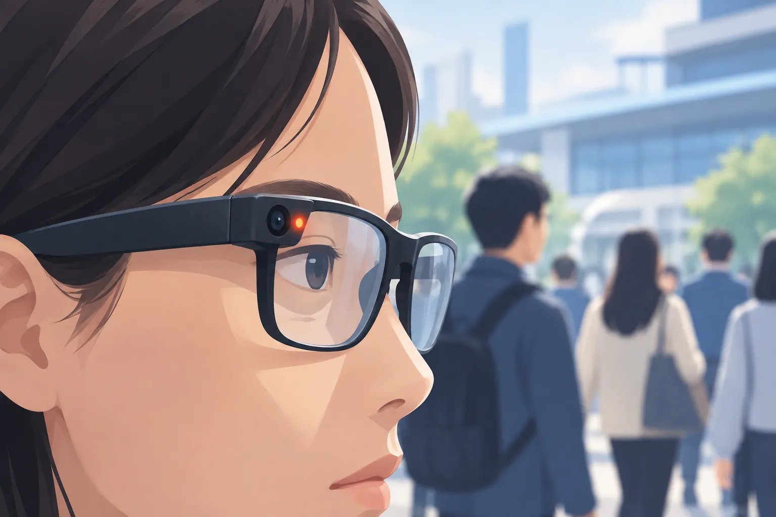 Unbranded camera-equipped glasses show a recording light, with indistinct people behind them
