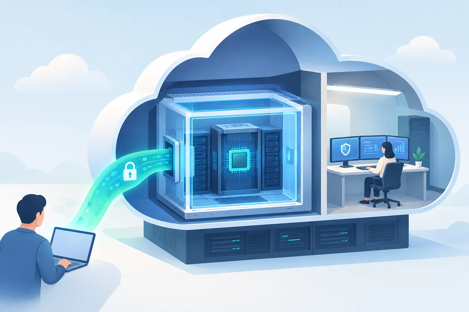 An encrypted stream enters an isolated cloud processing chamber, apart from an administrator workspace