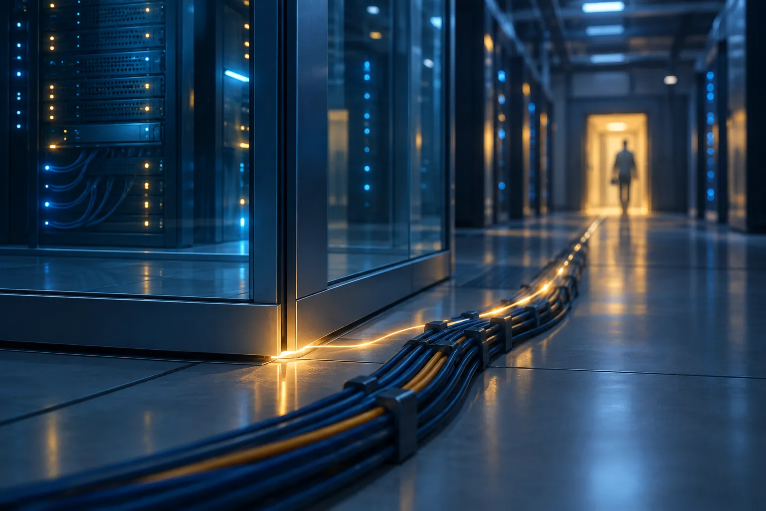 Light escapes a sealed glass enclosure in a data center and follows cables toward a distant doorway.