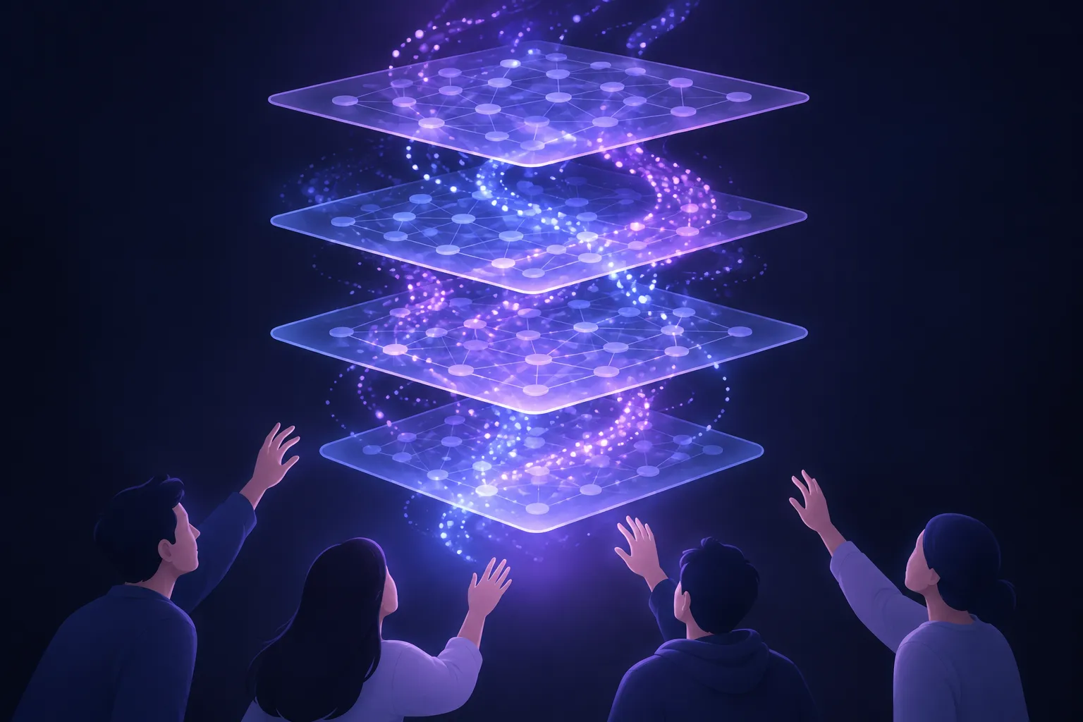 Translucent neural network layers pass glowing signals above hands unable to read their shifting patterns.