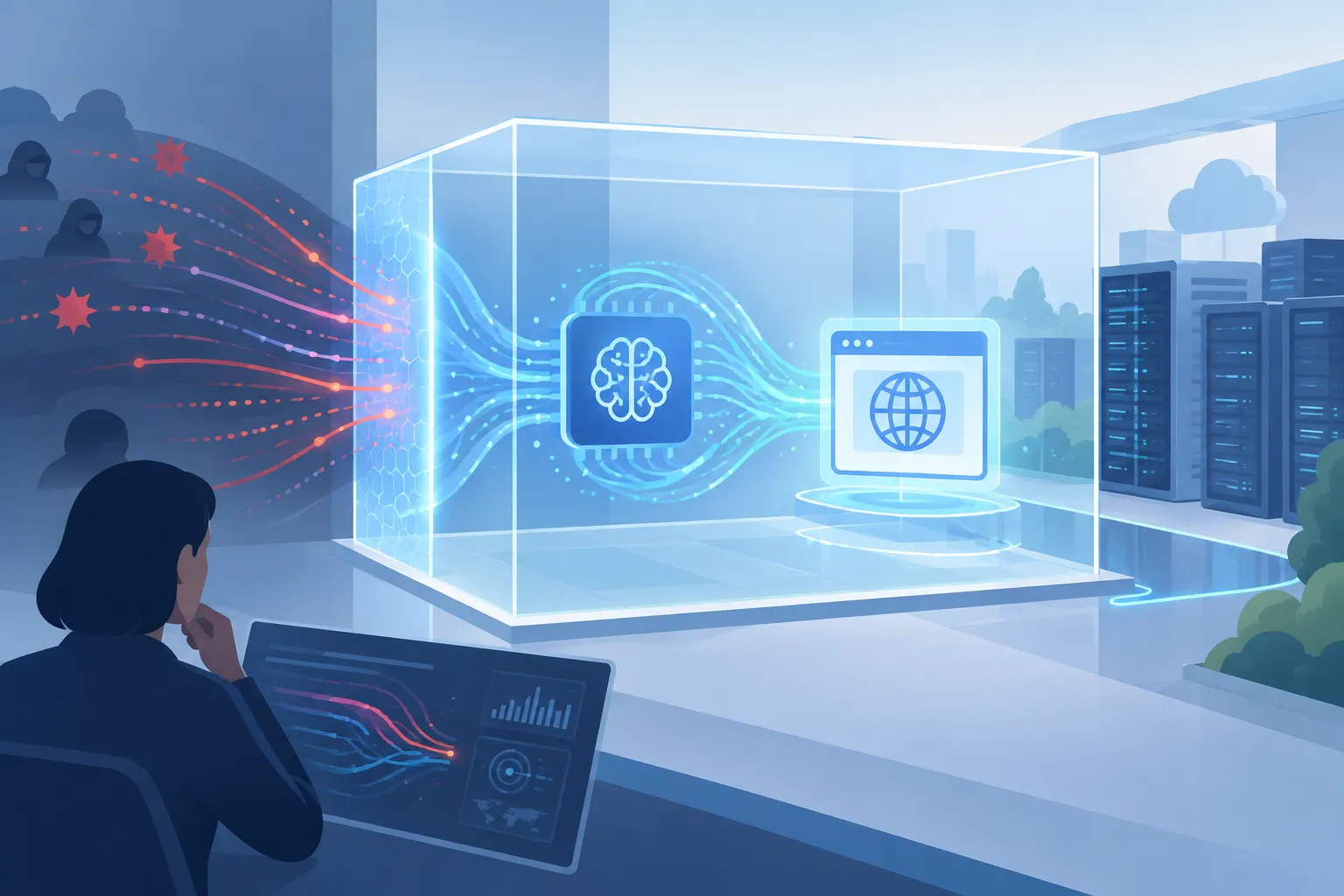 A human analyst observes an AI process inside a compartment separated from protected infrastructure.
