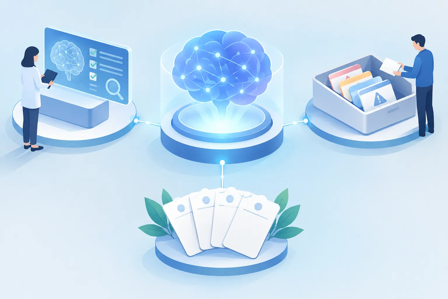 An abstract AI system connects to an inspection station, an incident tray and blank commitment cards
