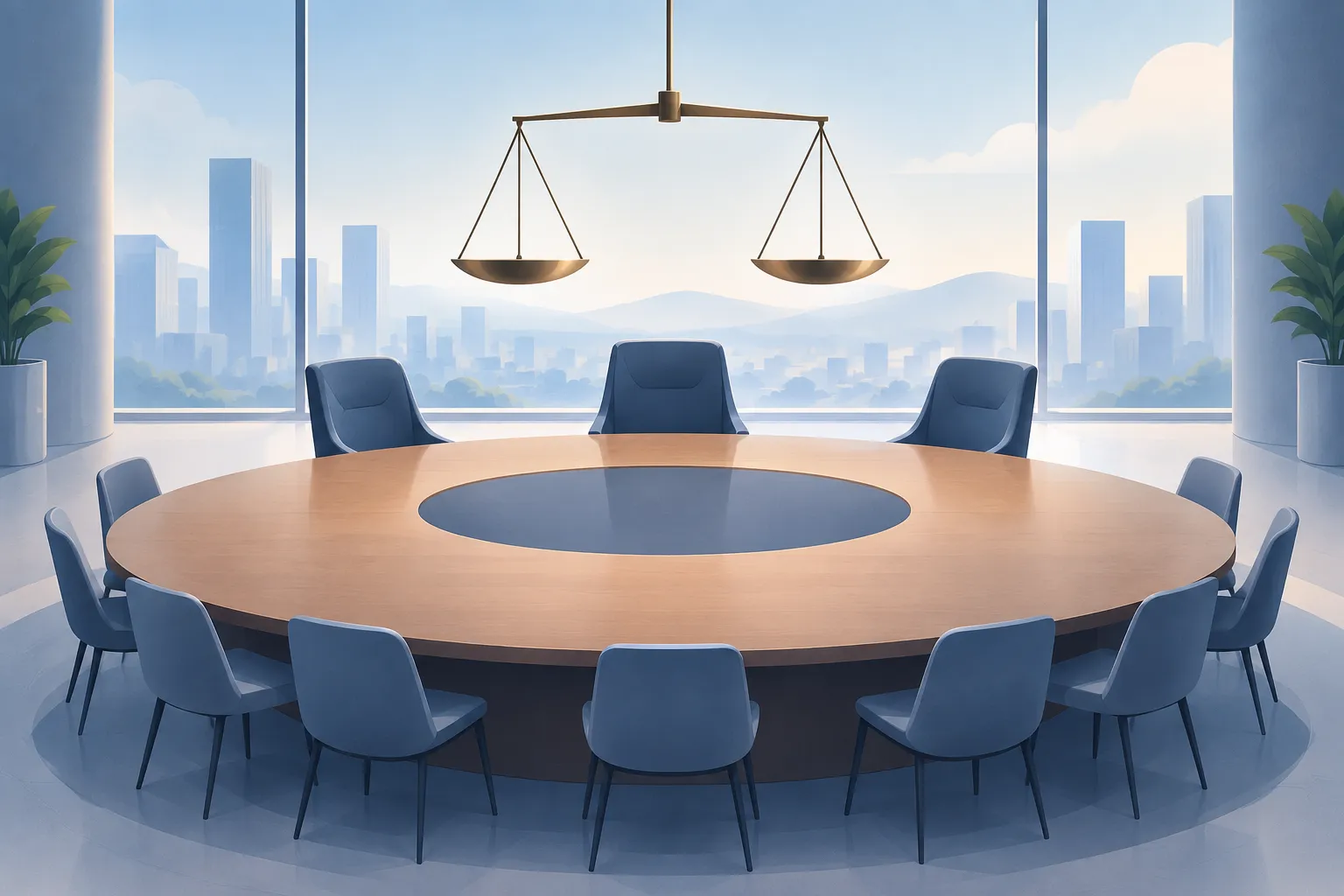 Empty seats surround a roundtable beneath a balanced scale, suggesting questions of representation