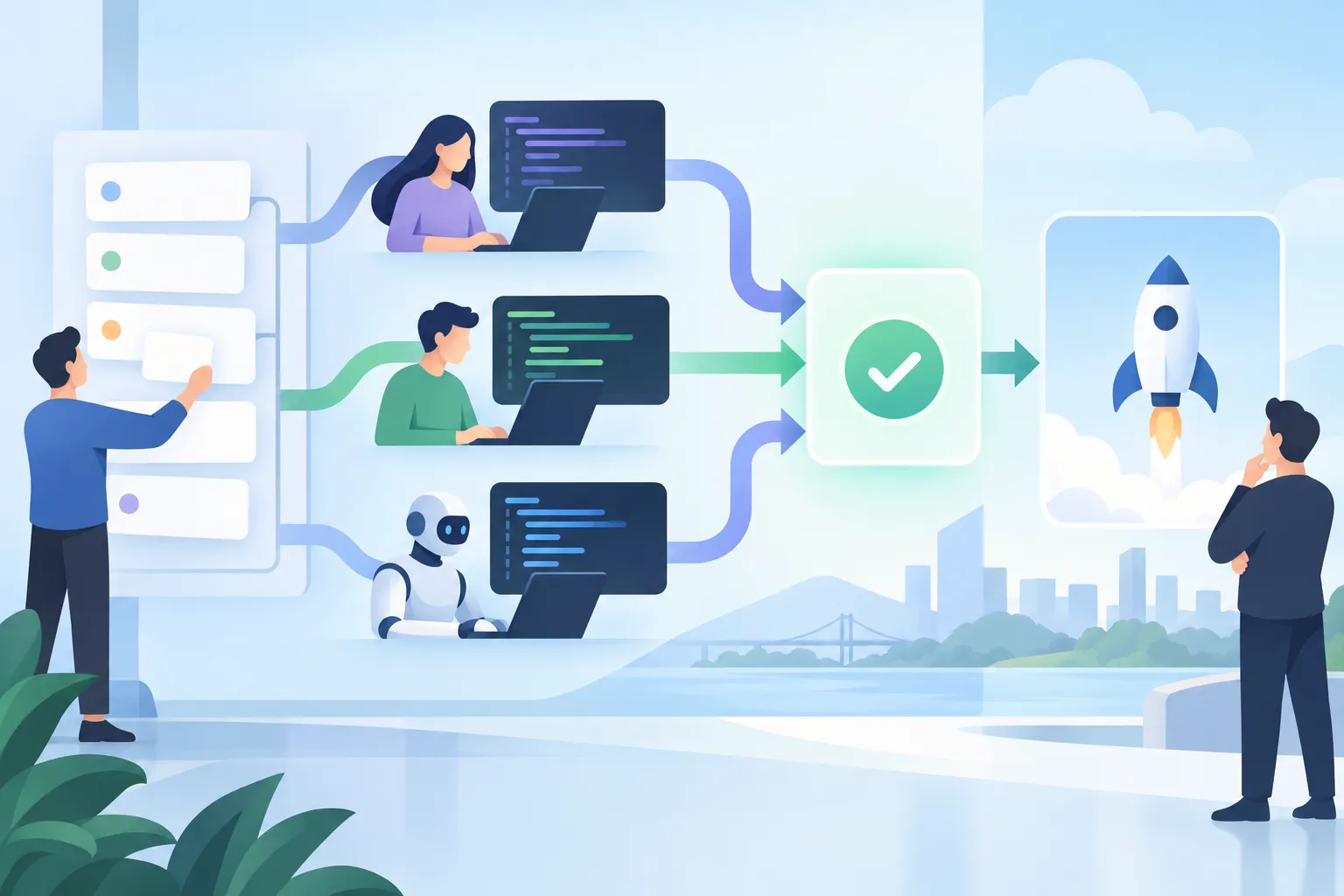 Blank task cards branch into parallel coding paths and meet at a review gate before deployment