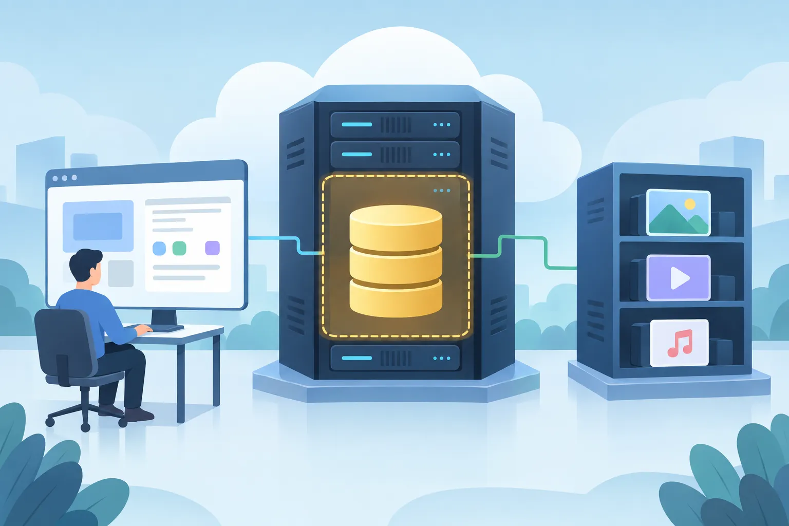 Hosted application and structured database sit inside a core boundary, apart from media file storage