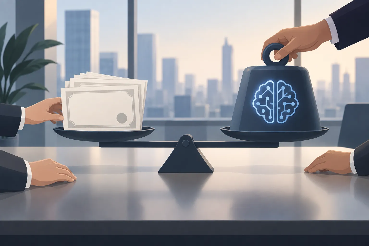 Unmarked share certificates sit beside an abstract voting weight and anonymous hands