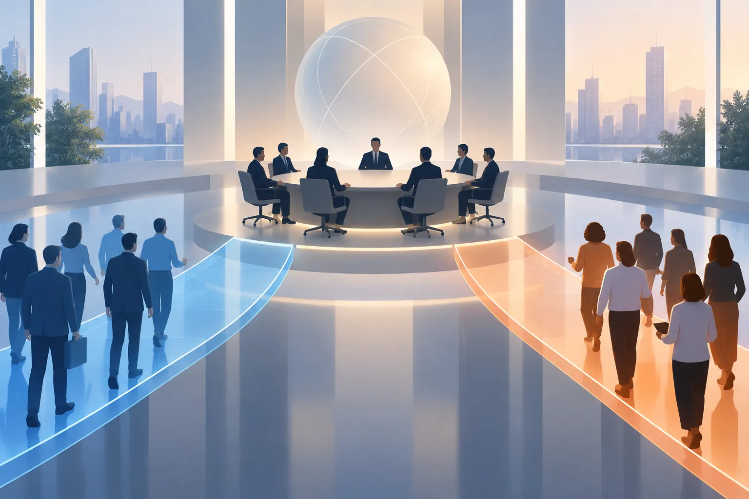 Two groups of anonymous figures approach a boardroom table along separate translucent paths