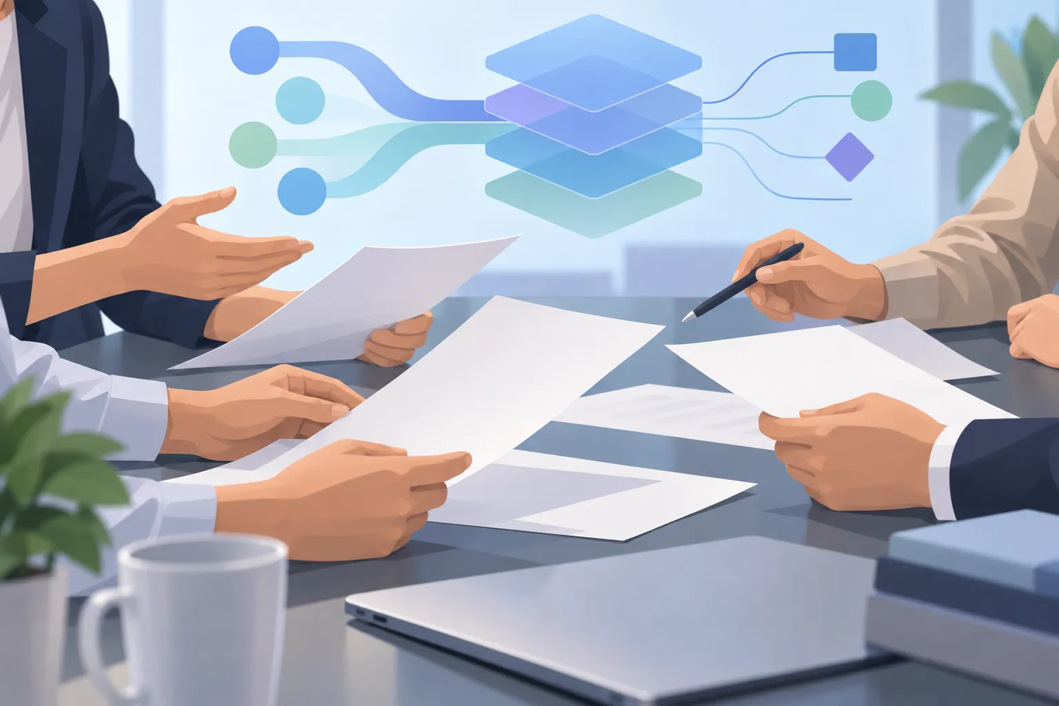 Anonymous hands review plain project papers beside an abstract flow of layered shapes.