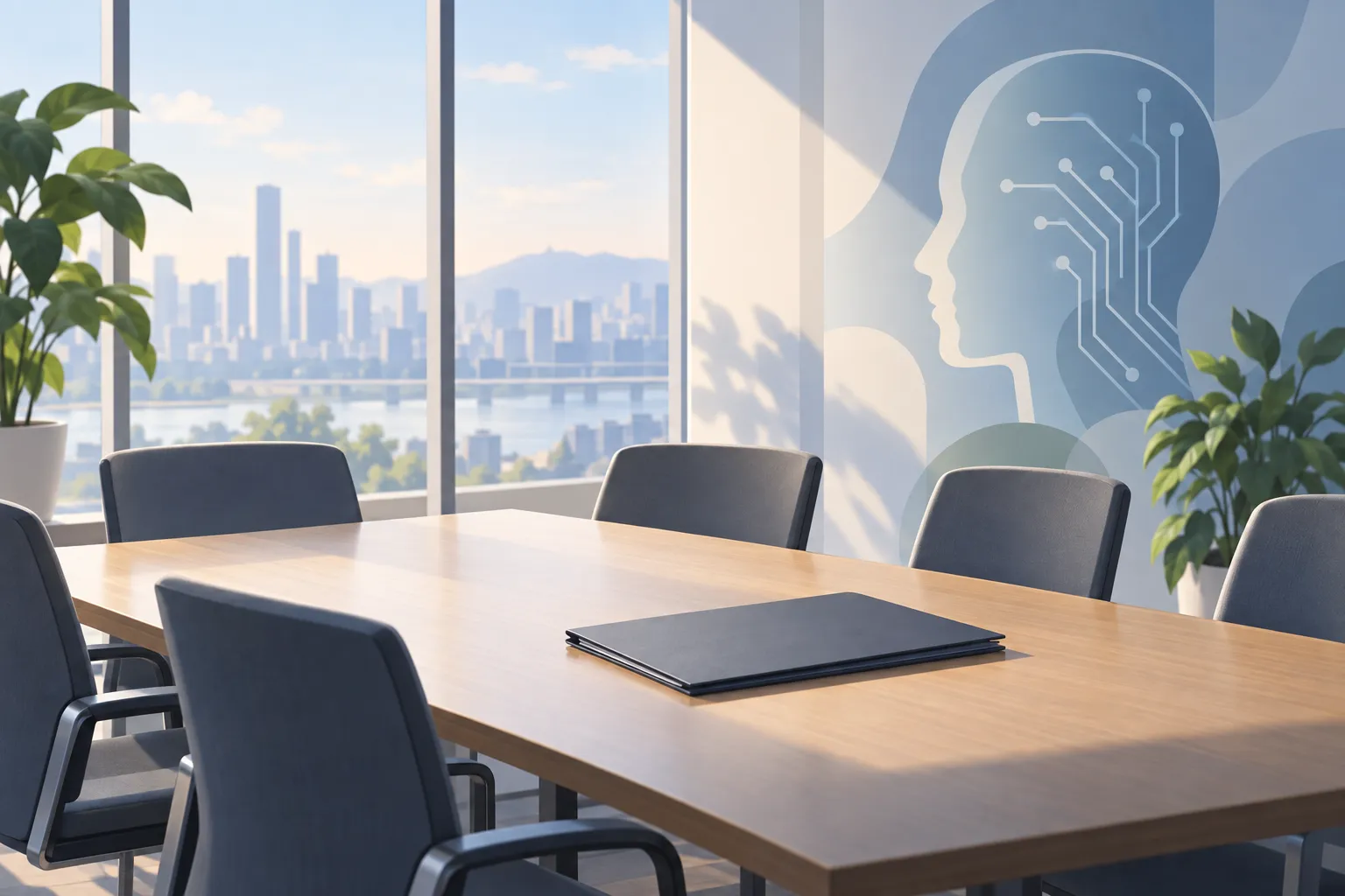 A blank closed folder rests in a quiet meeting room with empty chairs and soft daylight.