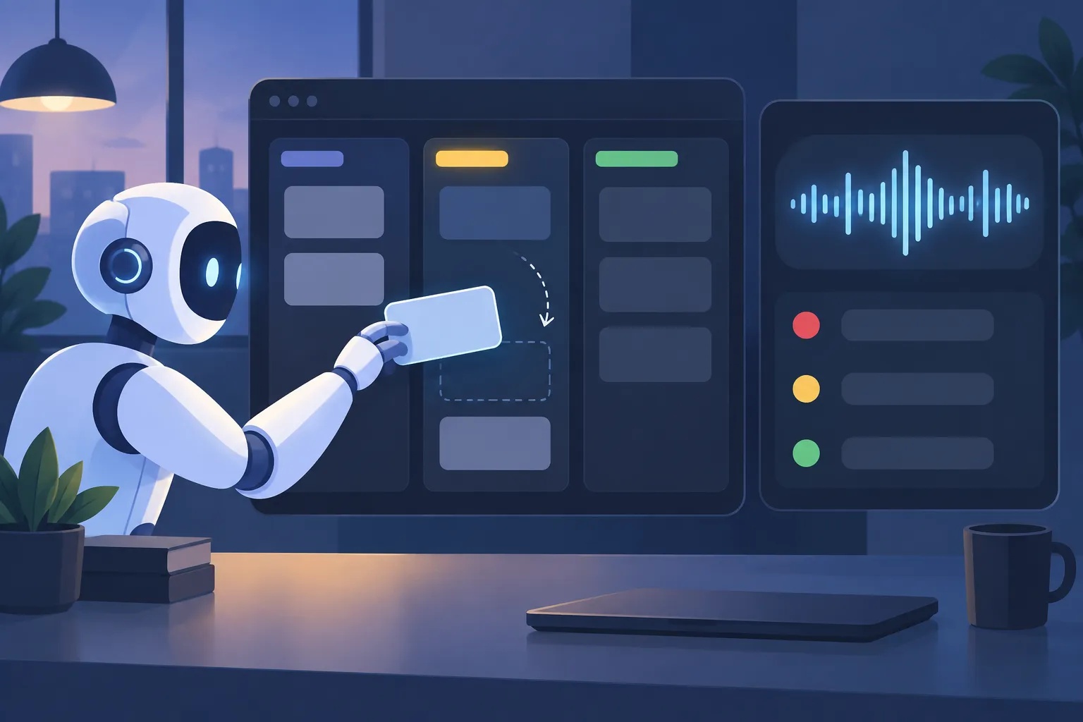 A dark task board has blank moving cards, a voice waveform and red, yellow and green session dots.