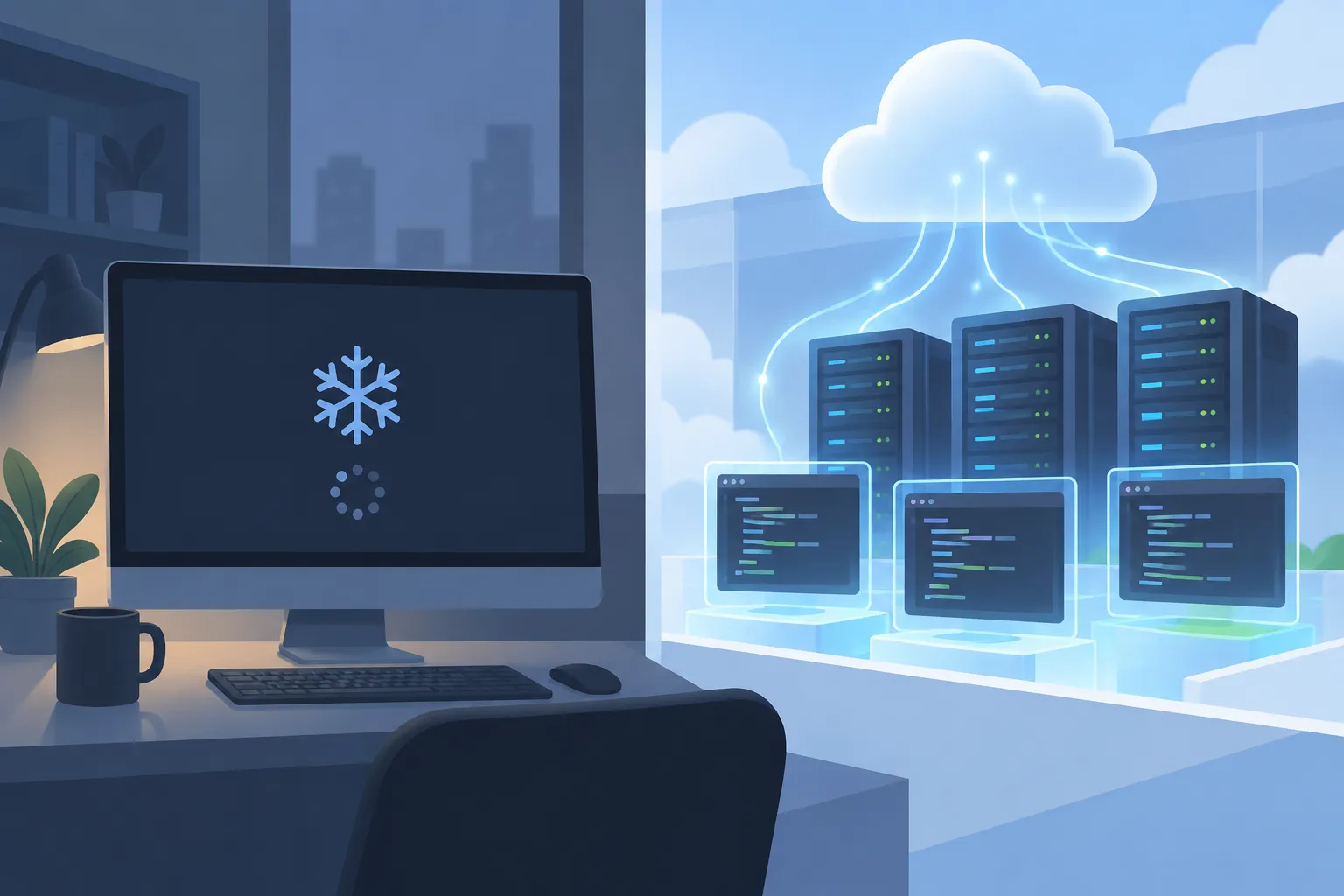 A frozen terminal sits beside a remote server where isolated coding workspaces continue running.
