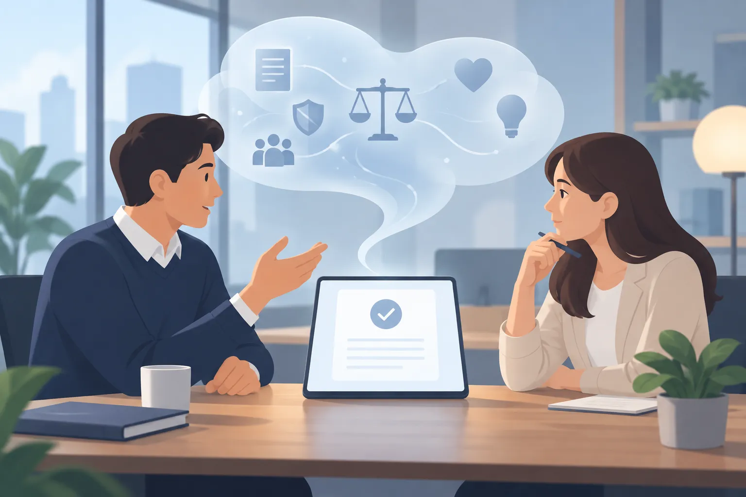 Two coworkers discuss a policy exception as a digital record saves the outcome but not their reasoning