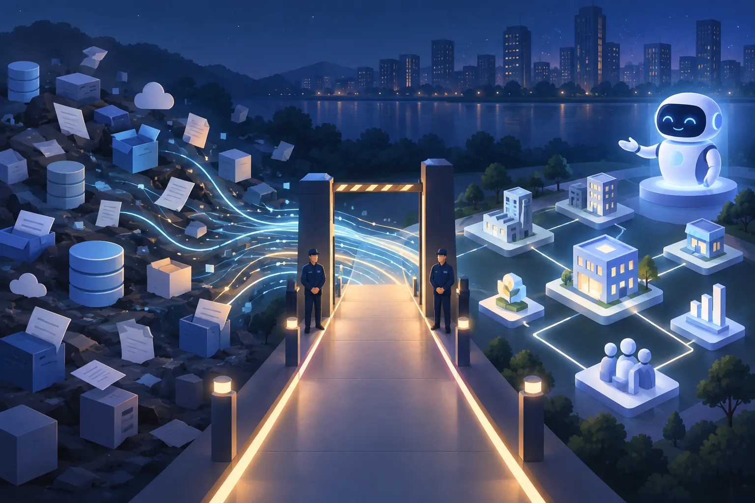 Scattered enterprise data stores feed an organized network of business relationships behind a guarded path