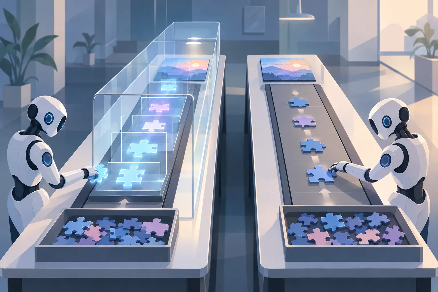 Two identical puzzle worktables, one with a transparent chamber retaining glowing state pieces.