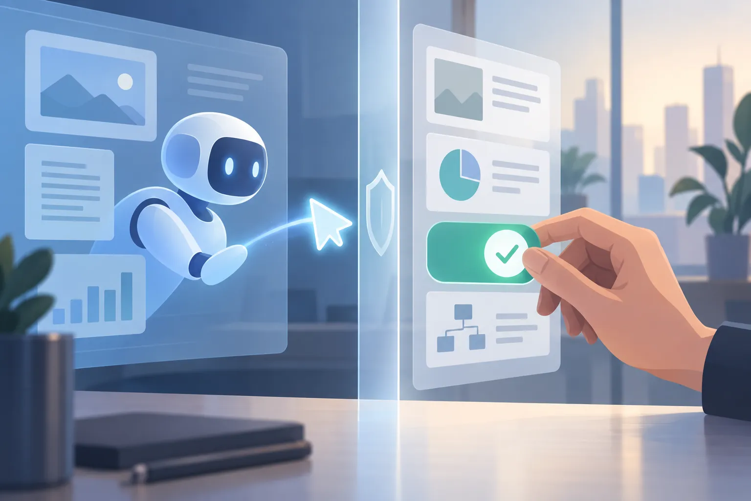 An autonomous cursor pauses at a permission boundary as a hand holds an approval control.