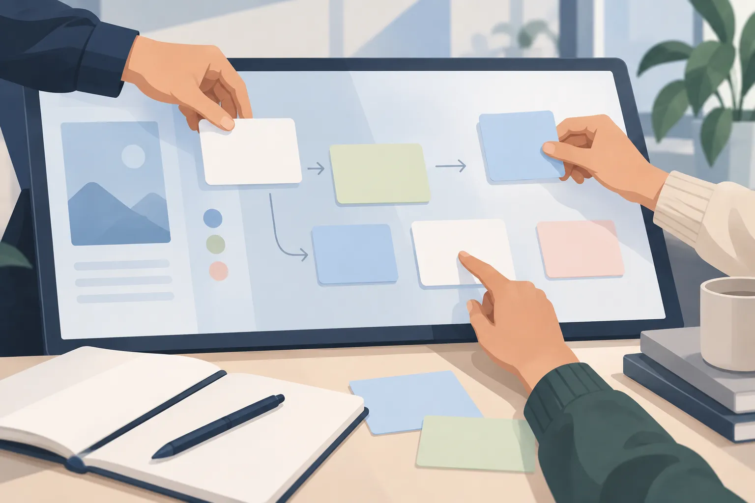 Several hands rearrange blank instruction cards on a shared board beside organized reference materials.