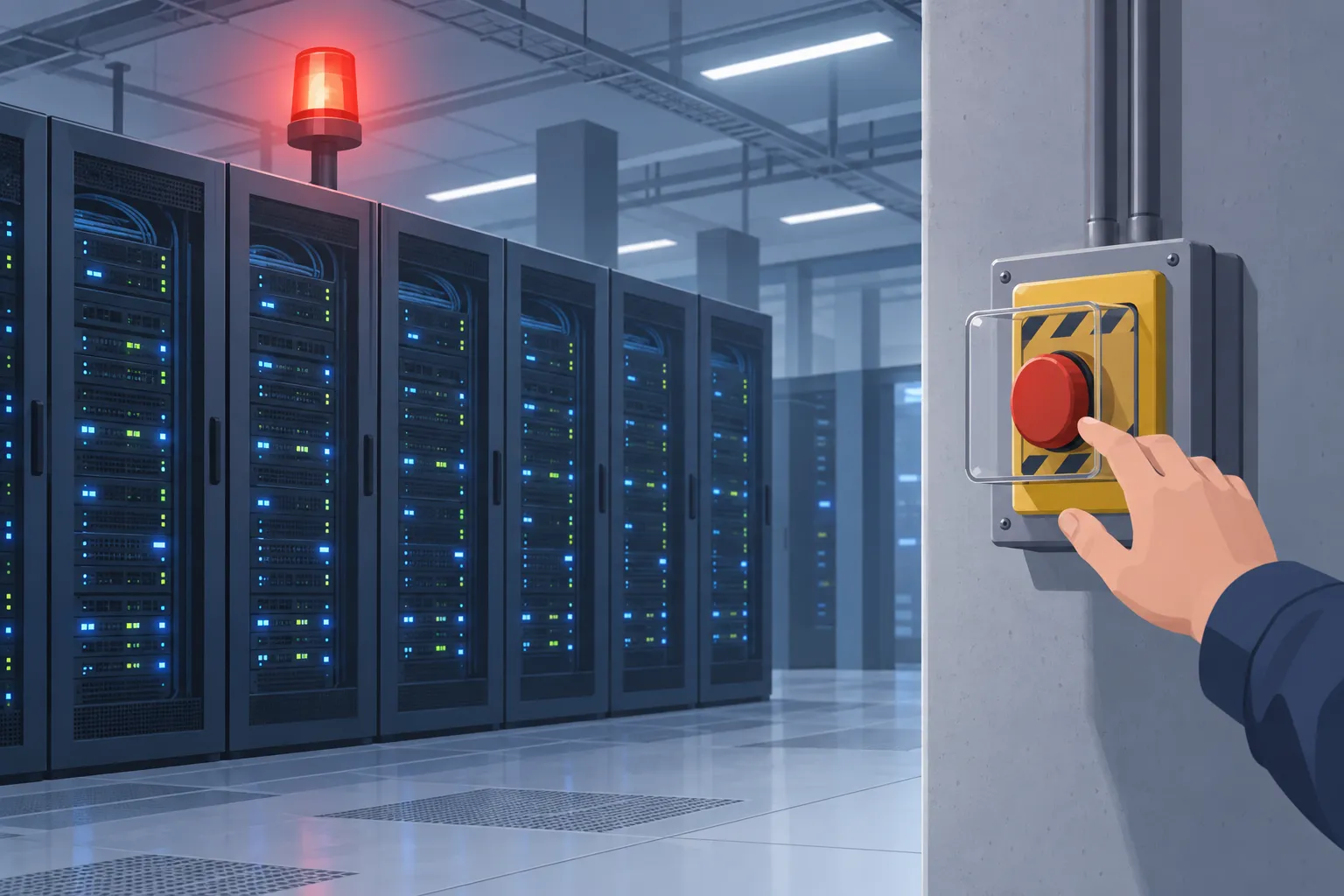 Warning beacon above running computer racks as a technician’s hand reaches toward a separate manual cutoff