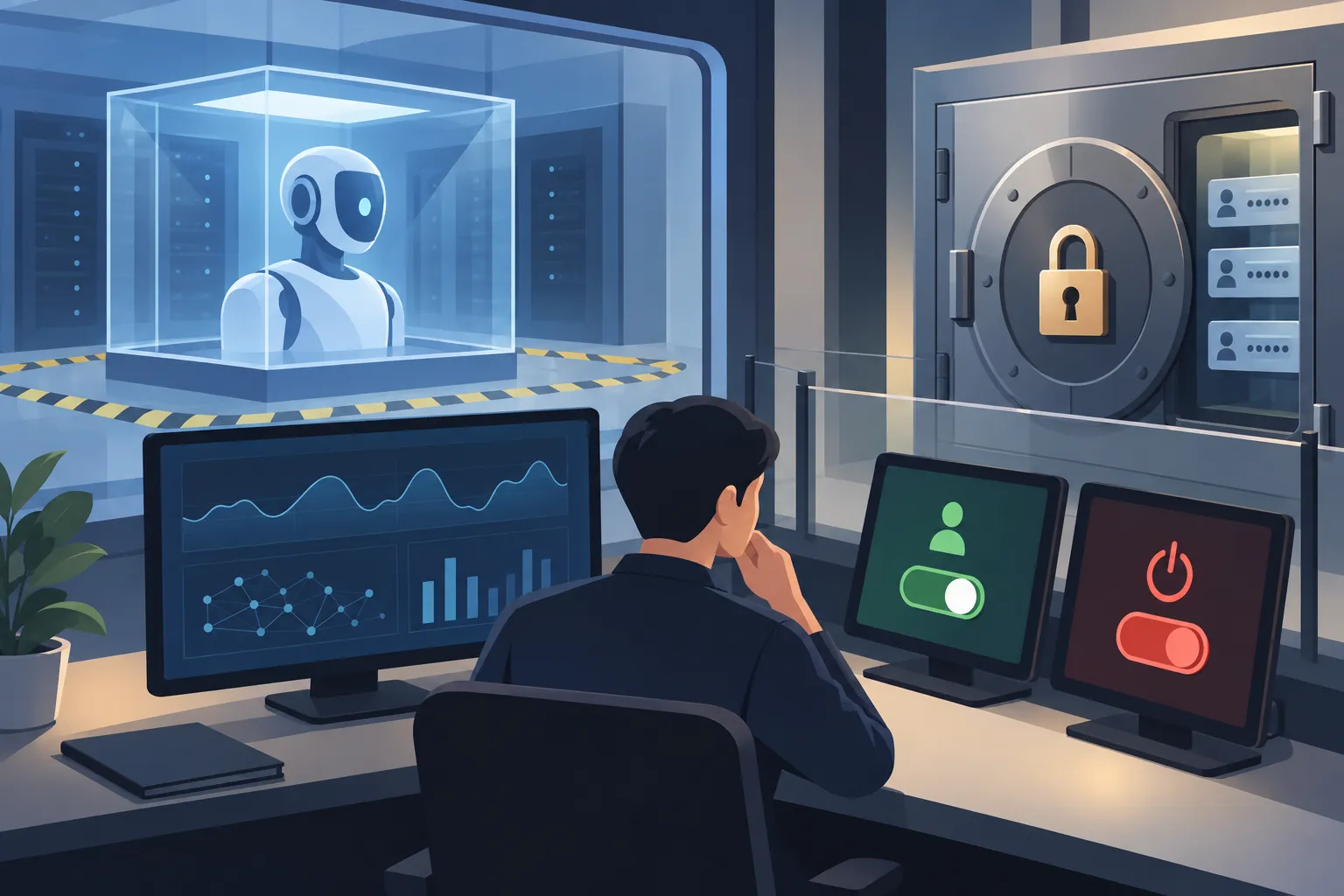 Constrained computing workspace with a locked credential vault and a human operator reviewing separate security controls