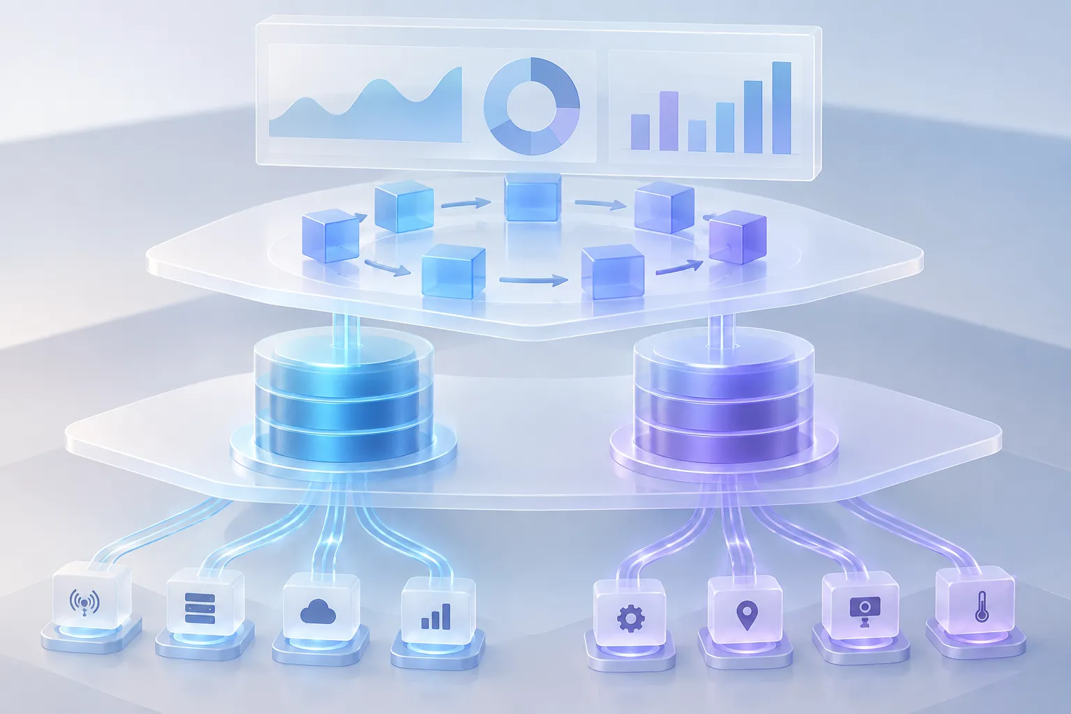 Separate collectors feed metric and log storage layers beneath a cluster of evenly balanced index blocks.