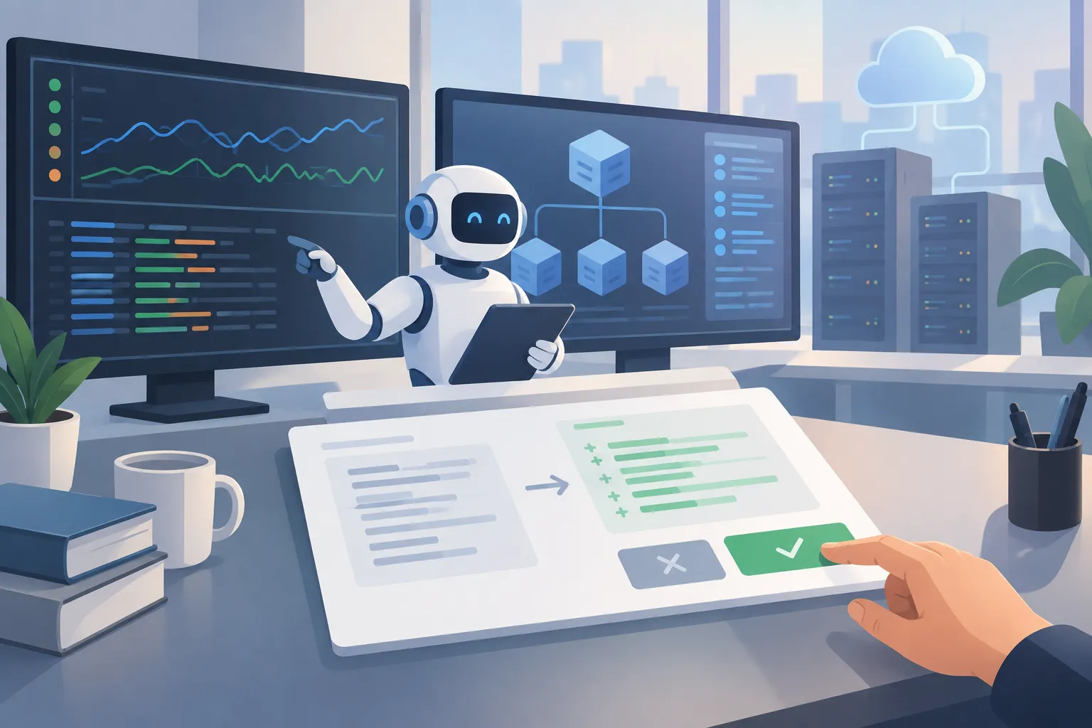 Metric and log evidence meets cluster configuration beside a proposed change awaiting human approval.