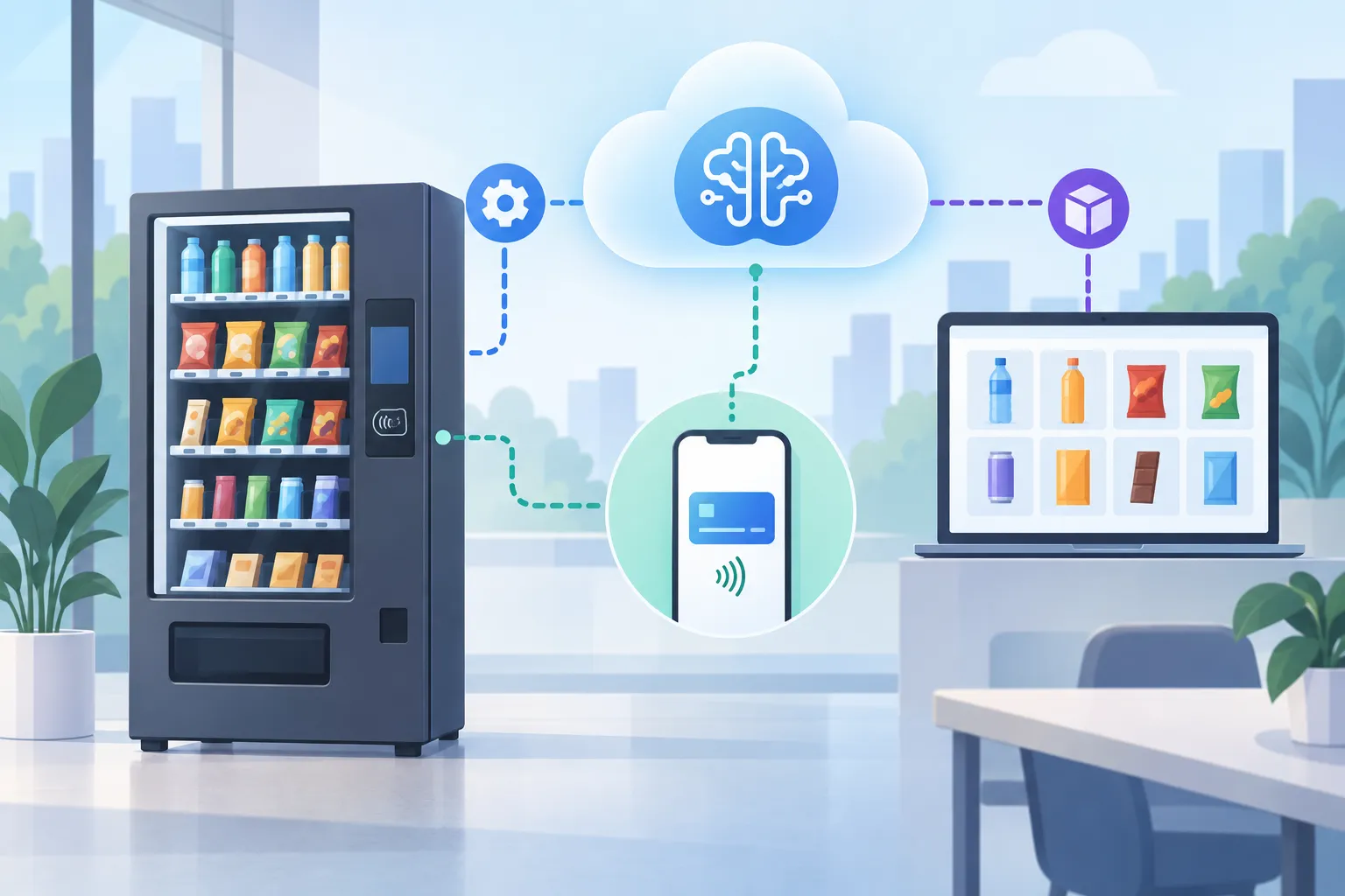 A vending machine linked to a cloud workspace and payment interface by separate abstract control paths