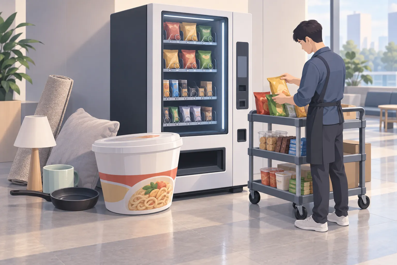 Oversized food and unsuitable goods beside a vending machine, with packaged snacks on a restocking cart
