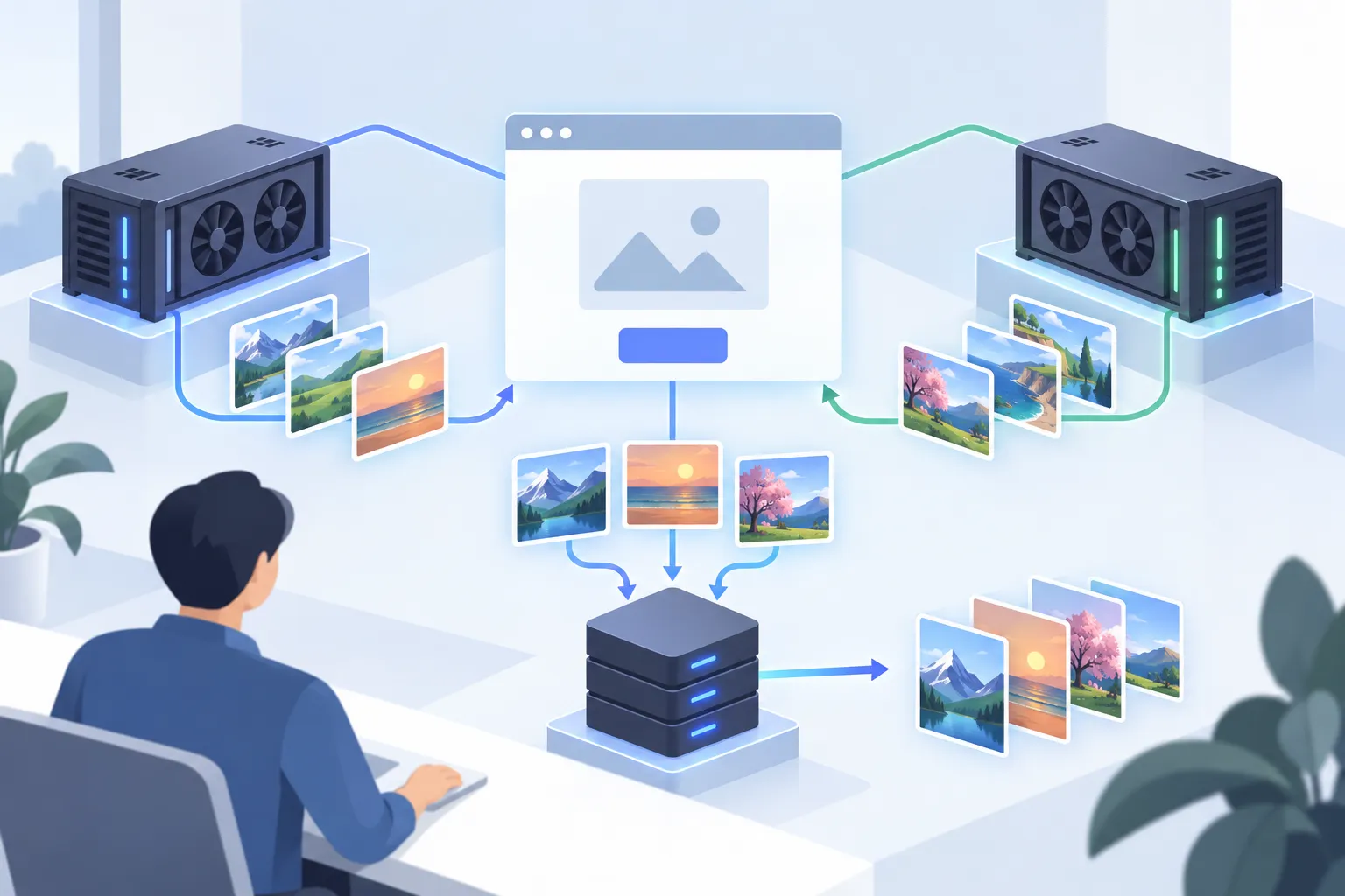 Web application sends an image request to two GPU units, then receives results as copies move to storage