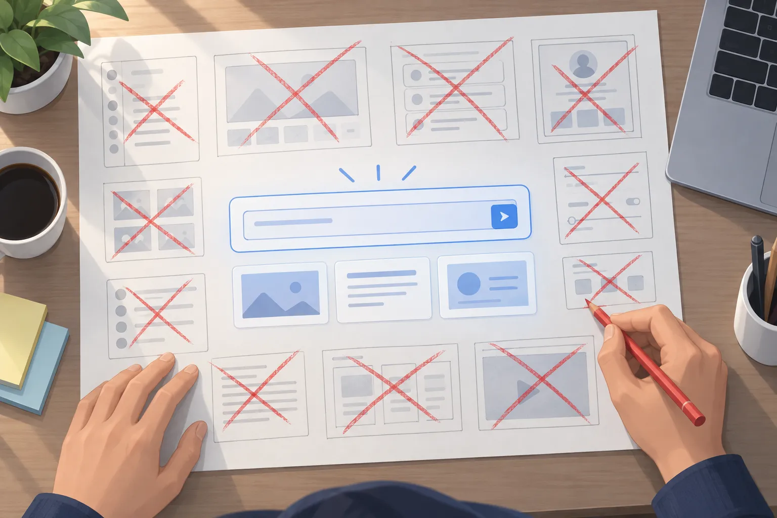 Paper software wireframe with optional panels crossed out, leaving one input area and a few output cards
