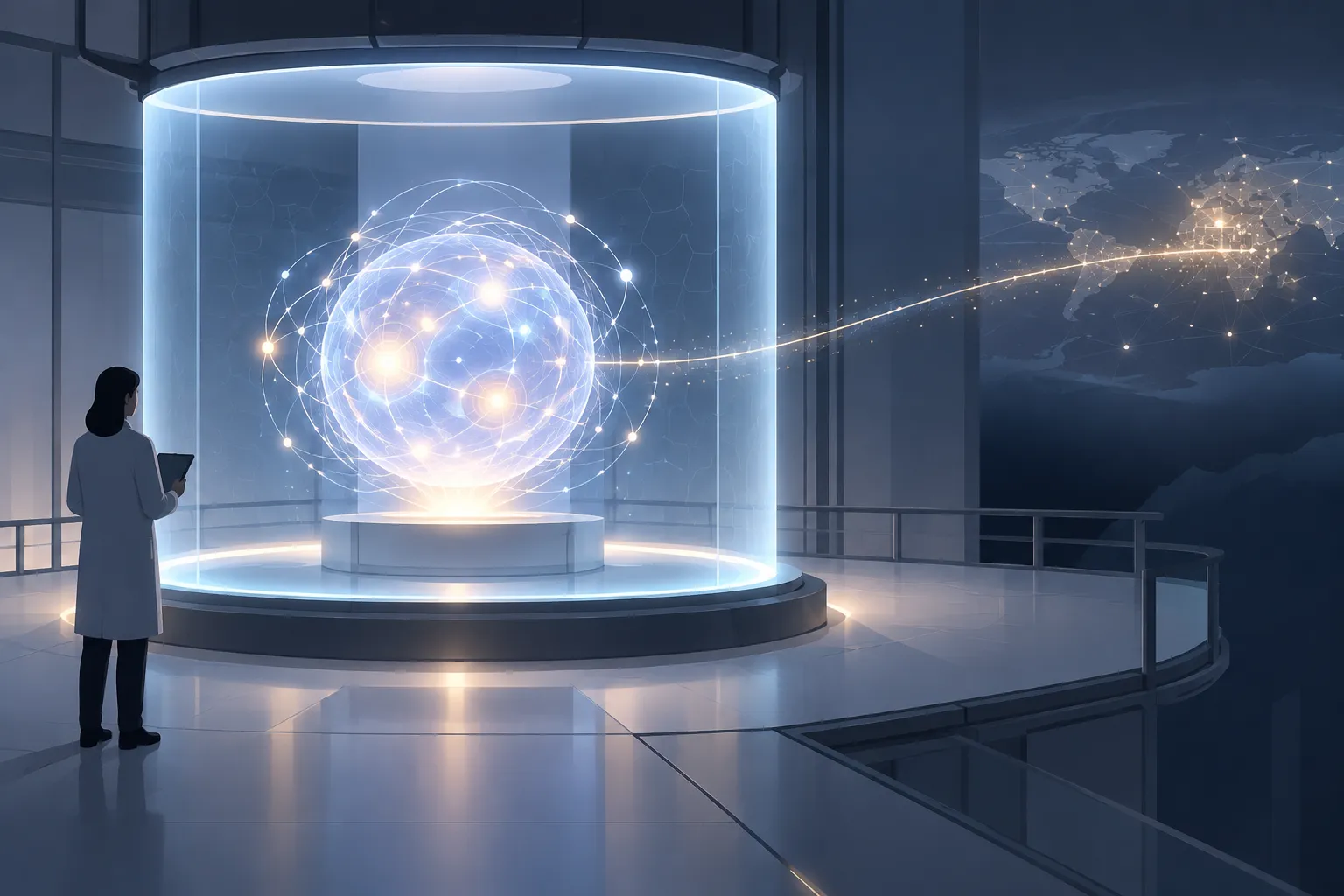 An isolated digital chamber holds a glowing computational core as a faint path reaches toward an outside network