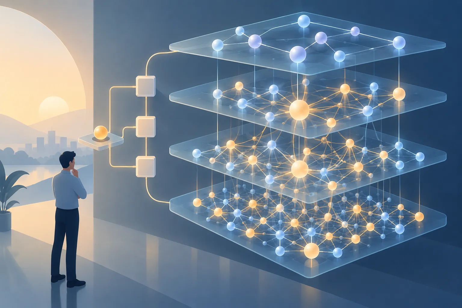 Layered computational nodes grow more intricate beside a separate, simple control circuit in muted colors