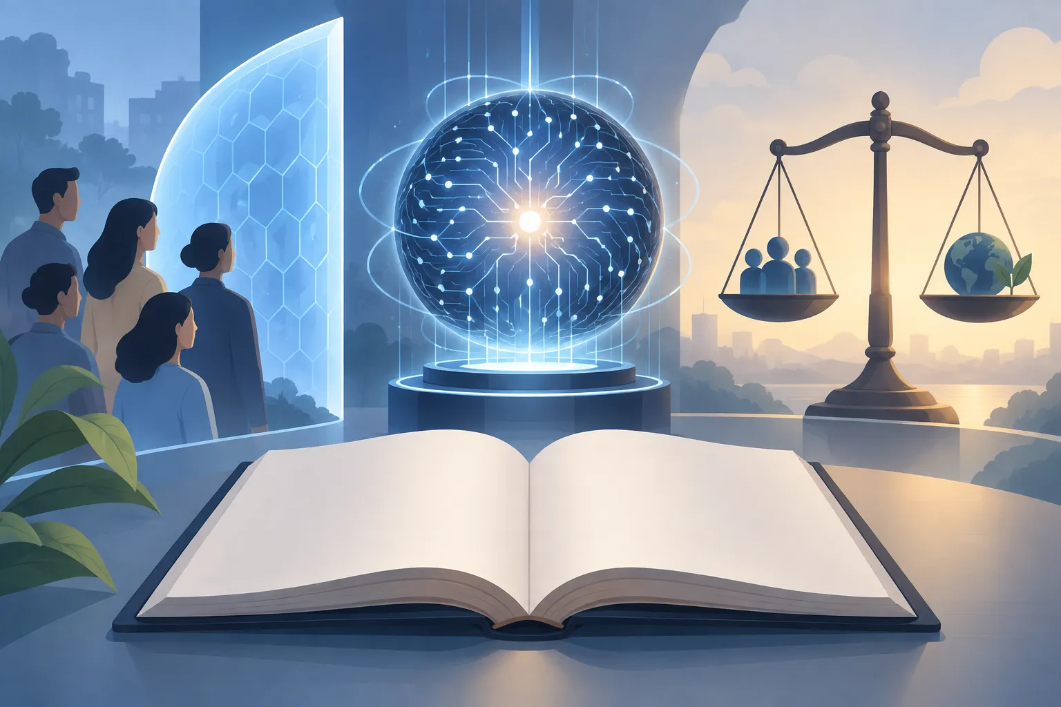 Blank policy book beside an abstract AI core, with a human safety barrier and an unresolved balance scale